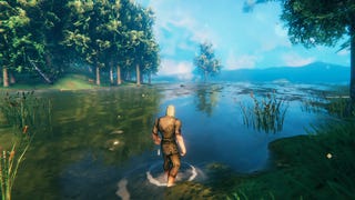 A Valheim screenshot of the player wading into the water and looking out at the sea.